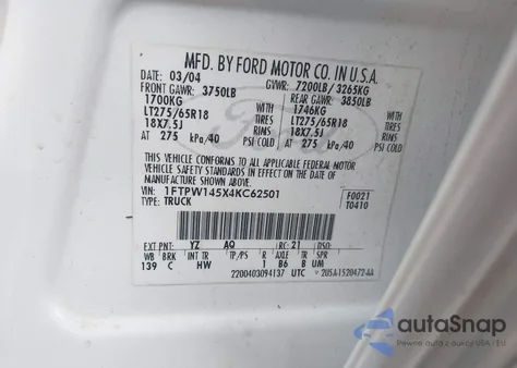 2004 Ford F-150 Fx4/Lariat/Xlt z USA, uszkodzony, nr VIN 1FTPW145X4KC62501